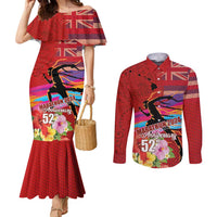 Honolulu Anniversary 52nd Running Couples Matching Mermaid Dress and Long Sleeve Button Shirt Marathon Competition Kakau Pattern Red Color