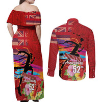 Honolulu Anniversary 52nd Running Couples Matching Off Shoulder Maxi Dress and Long Sleeve Button Shirt Marathon Competition Kakau Pattern Red Color