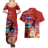 Honolulu Anniversary 52nd Running Couples Matching Summer Maxi Dress and Hawaiian Shirt Marathon Competition Kakau Pattern Red Color