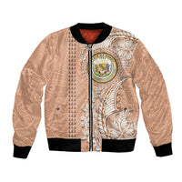 Hawaii Tropical Flowers with Kakau Tribal Bomber Jacket Peach Fuzz Color LT03 Unisex Peach Fuzz - Polynesian Pride