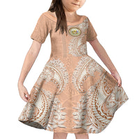 Hawaii Tropical Flowers with Kakau Tribal Family Matching Off Shoulder Maxi Dress and Hawaiian Shirt Peach Fuzz Color LT03 Daughter's Dress Peach Fuzz - Polynesian Pride