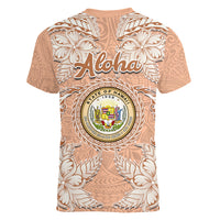 Hawaii Tropical Flowers with Kakau Tribal Women V Neck T Shirt Peach Fuzz Color LT03 - Polynesian Pride