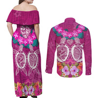 Polynesian Valentine Day Couples Matching Off Shoulder Maxi Dress and Long Sleeve Button Shirt Love Couple Turtle Maori Hibiscus Pink LT03 - Polynesian Pride
