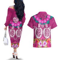 Polynesian Valentine Day Couples Matching Off The Shoulder Long Sleeve Dress and Hawaiian Shirt Love Couple Turtle Maori Hibiscus Pink LT03 - Polynesian Pride