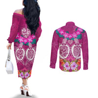 Polynesian Valentine Day Couples Matching Off The Shoulder Long Sleeve Dress and Long Sleeve Button Shirt Love Couple Turtle Maori Hibiscus Pink LT03 - Polynesian Pride