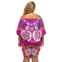 Polynesian Valentine Day Off Shoulder Short Dress Love Couple Turtle Maori Hibiscus Pink LT03 - Polynesian Pride