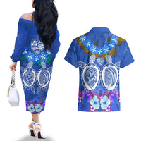 Polynesian Valentine Day Couples Matching Off The Shoulder Long Sleeve Dress and Hawaiian Shirt Love Couple Turtle Maori Hibiscus Blue LT03 - Polynesian Pride