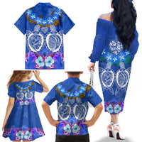 Polynesian Valentine Day Family Matching Off Shoulder Long Sleeve Dress and Hawaiian Shirt Love Couple Turtle Maori Hibiscus Blue LT03 - Polynesian Pride