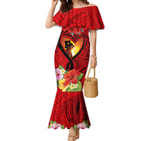 Hawaii Valentine Day Family Matching Mermaid Dress and Hawaiian Shirt Couple on Beach mix Hibiscus and Polynesian Tattoo LT03 Mom's Dress Red - Polynesian Pride