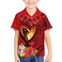 Hawaii Valentine Day Kid Hawaiian Shirt Couple on Beach mix Hibiscus and Polynesian Tattoo LT03 Kid Red - Polynesian Pride