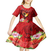 Hawaii Valentine Day Kid Short Sleeve Dress Couple on Beach mix Hibiscus and Polynesian Tattoo LT03 - Polynesian Pride