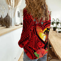 Hawaii Valentine Day Women Casual Shirt Couple on Beach mix Hibiscus and Polynesian Tattoo LT03 - Polynesian Pride