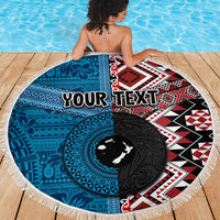 Personalised Aotearoa and Fiji Together Beach Blanket Melanesian Warrior and Koru - Taniko with Hibiscus Tapa Pattern