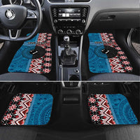 Personalised Aotearoa and Fiji Together Car Mats Melanesian Warrior and Koru - Taniko with Hibiscus Tapa Pattern LT03 Set 4pcs Blue - Polynesian Pride