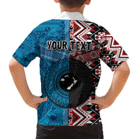Personalised Aotearoa and Fiji Together Family Matching Long Sleeve Bodycon Dress and Hawaiian Shirt Melanesian Warrior and Koru - Taniko with Hibiscus Tapa Pattern LT03 - Polynesian Pride