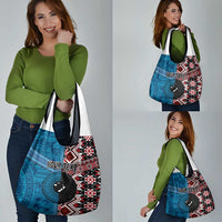 Personalised Aotearoa and Fiji Together Grocery Bag Melanesian Warrior and Koru - Taniko with Hibiscus Tapa Pattern LT03 - Polynesian Pride