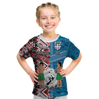 Personalised Aotearoa and Fiji Together Kid T Shirt Melanesian Warrior and Koru - Taniko with Hibiscus Tapa Pattern