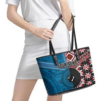 Personalised Aotearoa and Fiji Together Leather Tote Bag Melanesian Warrior and Koru - Taniko with Hibiscus Tapa Pattern LT03 - Polynesian Pride