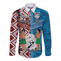 Personalised Aotearoa and Fiji Together Long Sleeve Button Shirt Melanesian Warrior and Koru - Taniko with Hibiscus Tapa Pattern