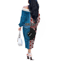 Personalised Aotearoa and Fiji Together Off The Shoulder Long Sleeve Dress Melanesian Warrior and Koru - Taniko with Hibiscus Tapa Pattern