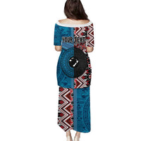 Personalised Aotearoa and Fiji Together Puletasi Melanesian Warrior and Koru - Taniko with Hibiscus Tapa Pattern