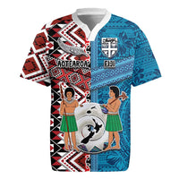 Personalised Aotearoa and Fiji Together Rugby Jersey Melanesian Warrior and Koru - Taniko with Hibiscus Tapa Pattern LT03 Blue - Polynesian Pride