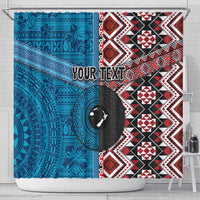 Personalised Aotearoa and Fiji Together Shower Curtain Melanesian Warrior and Koru - Taniko with Hibiscus Tapa Pattern