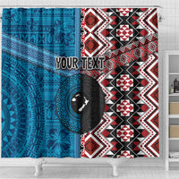 Personalised Aotearoa and Fiji Together Shower Curtain Melanesian Warrior and Koru - Taniko with Hibiscus Tapa Pattern