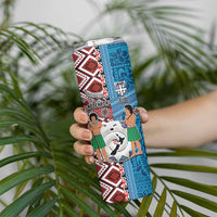 Personalised Aotearoa and Fiji Together Skinny Tumbler Melanesian Warrior and Koru - Taniko with Hibiscus Tapa Pattern