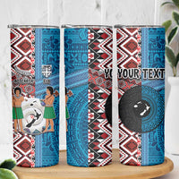 Personalised Aotearoa and Fiji Together Skinny Tumbler Melanesian Warrior and Koru - Taniko with Hibiscus Tapa Pattern