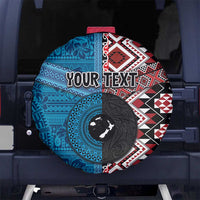 Personalised Aotearoa and Fiji Together Spare Tire Cover Melanesian Warrior and Koru - Taniko with Hibiscus Tapa Pattern
