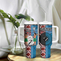Personalised Aotearoa and Fiji Together Tumbler With Handle Melanesian Warrior and Koru - Taniko with Hibiscus Tapa Pattern