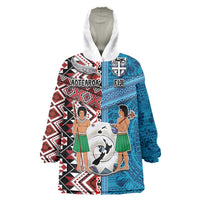 Personalised Aotearoa and Fiji Together Wearable Blanket Hoodie Melanesian Warrior and Koru - Taniko with Hibiscus Tapa Pattern