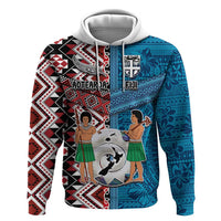 Personalised Aotearoa and Fiji Together Zip Hoodie Melanesian Warrior and Koru - Taniko with Hibiscus Tapa Pattern