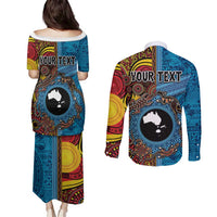 Personalised Australia and Fiji Together Couples Matching Puletasi and Long Sleeve Button Shirt Tribal Palm Tree with Tapa and Aboriginal Animals Half Style