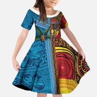 Personalised Australia and Fiji Together Family Matching Puletasi and Hawaiian Shirt Tribal Palm Tree with Tapa and Aboriginal Animals Half Style LT03 Daughter's Dress Blue - Polynesian Pride