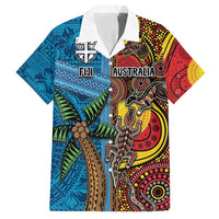 Personalised Australia and Fiji Together Family Matching Puletasi and Hawaiian Shirt Tribal Palm Tree with Tapa and Aboriginal Animals Half Style LT03 Dad's Shirt - Short Sleeve Blue - Polynesian Pride