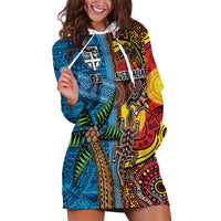 Personalised Australia and Fiji Together Hoodie Dress Tribal Palm Tree with Tapa and Aboriginal Animals Half Style