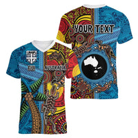 Personalised Australia and Fiji Together Women V-Neck T-Shirt Tribal Palm Tree with Tapa and Aboriginal Animals Half Style