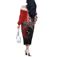 Personalised Aotearoa and Tonga Together Off The Shoulder Long Sleeve Dress Manaia and Tongan Tribal Cross - Taniko and Ngatu Art Tattoo