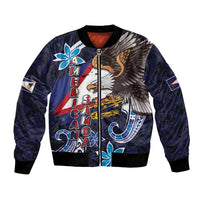 American Samoa Flag Day Bomber Jacket Bald Eagle with Uatogi and Fue - Polynesian and Floral Tribal Tattoo