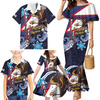 American Samoa Flag Day Family Matching Mermaid Dress and Hawaiian Shirt Bald Eagle with Uatogi and Fue - Polynesian and Floral Tribal Tattoo LT03 - Polynesian Pride