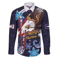 American Samoa Flag Day Family Matching Off The Shoulder Long Sleeve Dress and Hawaiian Shirt Bald Eagle with Uatogi and Fue - Polynesian and Floral Tribal Tattoo LT03 Dad's Shirt - Long Sleeve Navy - Polynesian Pride