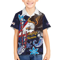 American Samoa Flag Day Family Matching Off The Shoulder Long Sleeve Dress and Hawaiian Shirt Bald Eagle with Uatogi and Fue - Polynesian and Floral Tribal Tattoo LT03 Son's Shirt Navy - Polynesian Pride