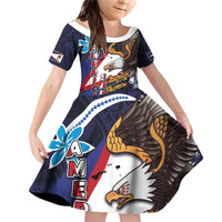 American Samoa Flag Day Family Matching Off Shoulder Short Dress and Hawaiian Shirt Bald Eagle with Uatogi and Fue - Polynesian and Floral Tribal Tattoo LT03 Daughter's Dress Navy - Polynesian Pride