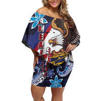 American Samoa Flag Day Family Matching Off Shoulder Short Dress and Hawaiian Shirt Bald Eagle with Uatogi and Fue - Polynesian and Floral Tribal Tattoo LT03 Mom's Dress Navy - Polynesian Pride