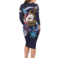 American Samoa Flag Day Long Sleeve Bodycon Dress Bald Eagle with Uatogi and Fue - Polynesian and Floral Tribal Tattoo