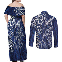 New Zealand Connecting with Seas Couples Matching Off Shoulder Maxi Dress and Long Sleeve Button Shirt Maori Tribal and Sea Animals Tattoo - White Glass Style LT03 - Polynesian Pride