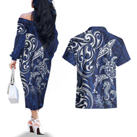 New Zealand Connecting with Seas Couples Matching Off The Shoulder Long Sleeve Dress and Hawaiian Shirt Maori Tribal and Sea Animals Tattoo - White Glass Style