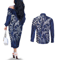 New Zealand Connecting with Seas Couples Matching Off The Shoulder Long Sleeve Dress and Long Sleeve Button Shirt Maori Tribal and Sea Animals Tattoo - White Glass Style LT03 - Polynesian Pride